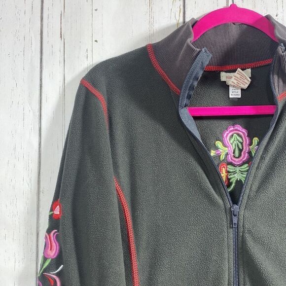 Sundance Womens Embroidered Boho Floral Fleece Gray Zip Fleece Pockets Jacket - Picture 3 of 15